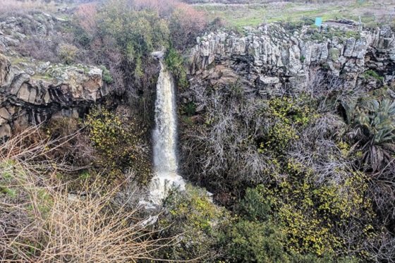מפל נחל עיט בזרימת שיטפון - מרכז רמת הגולן