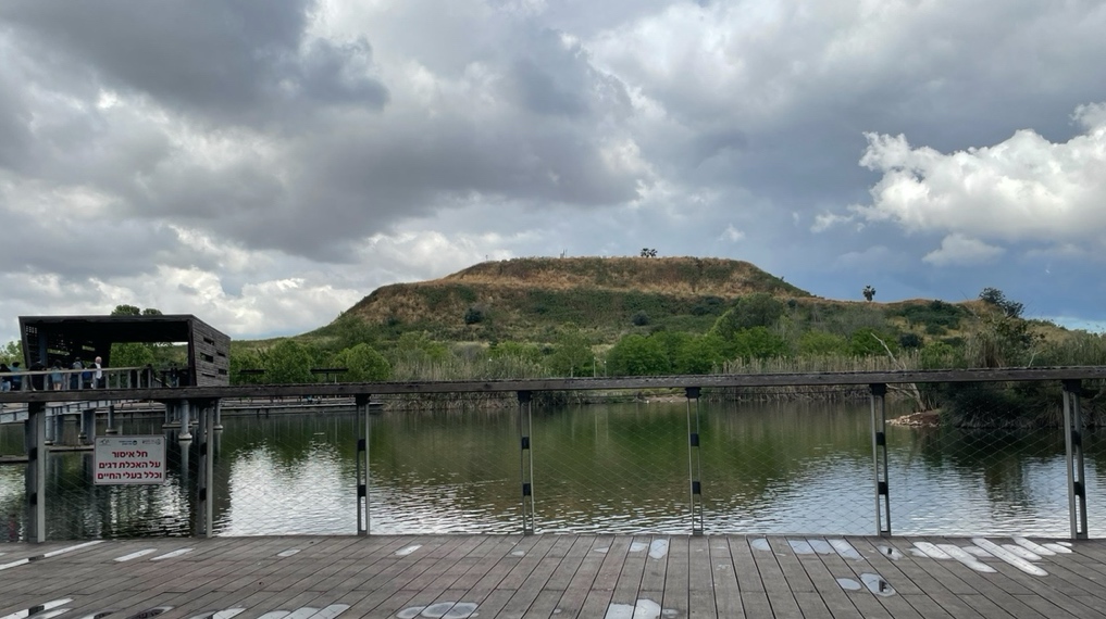 מראה מהשביל המעגלי בחלקו הצפוני - האגם בפארק האקולוגי בהוד השרון, הגשר החוצה אותו, הפרגולה במרכזו והר הזבל בולט מדרום