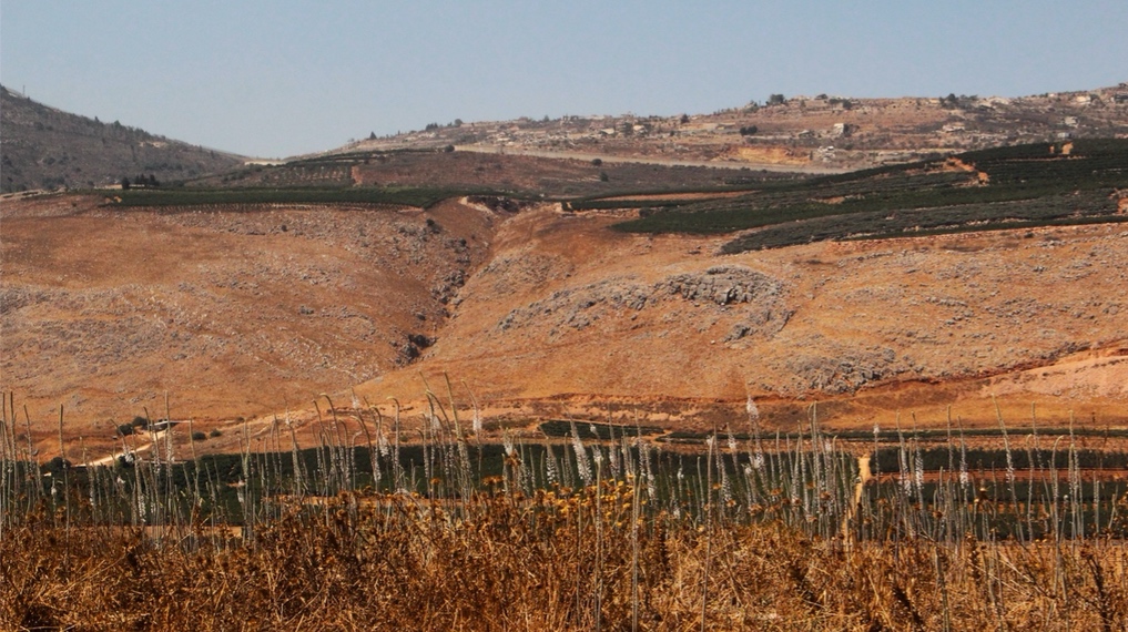 החצבים במורדות תל אבל בית מעכה על רקע המטעים שבתחתית והמושבה מטולה על הגבעה ממערב. צילום: מיכל ליפשיץ